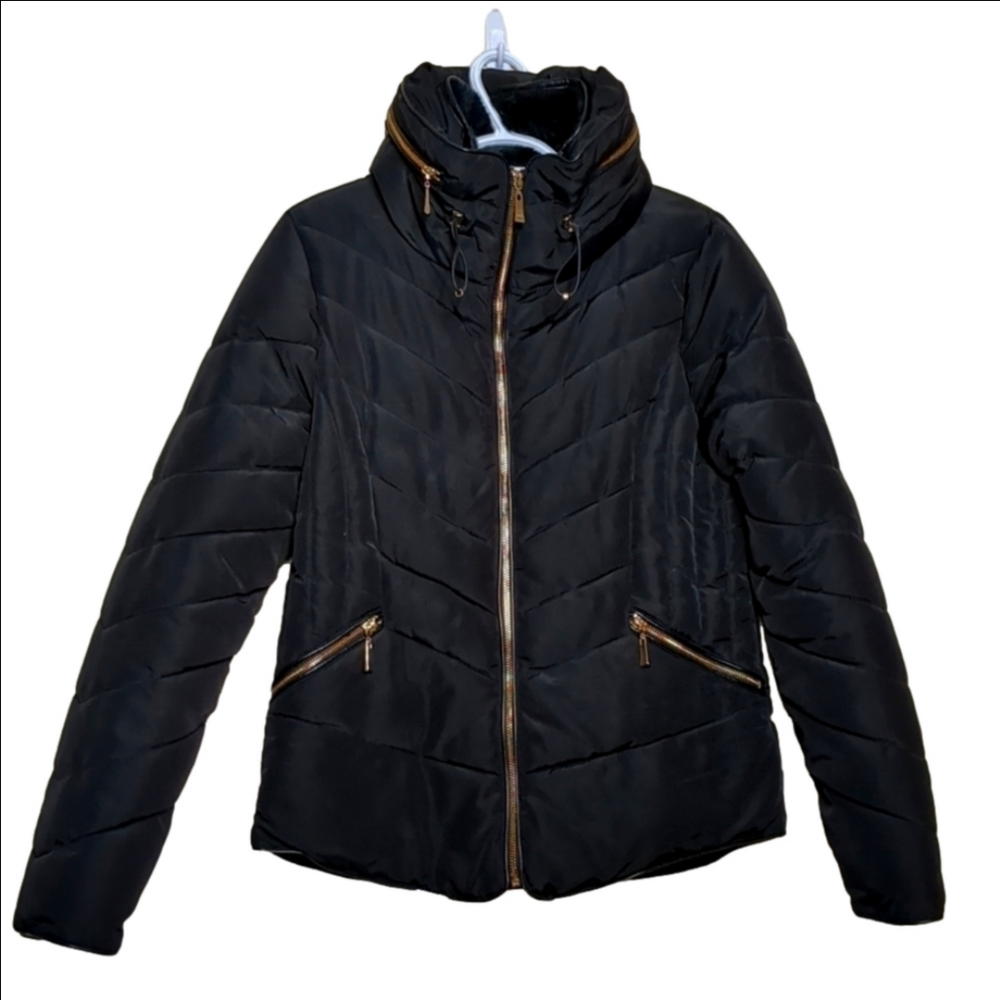 Kismet Women's Black Puffer Jacket with Golden Zippers and Hide a hood Size Sm